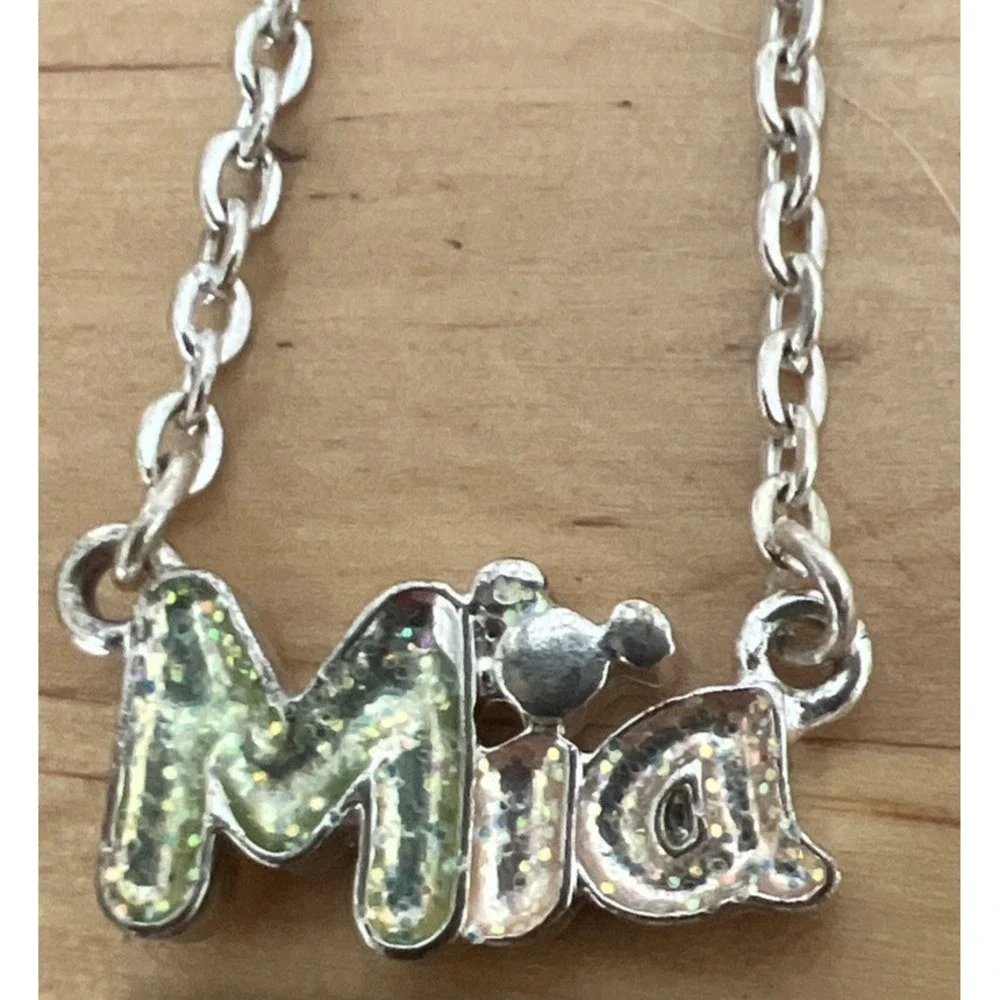 Disney Mickey Personalized Name Mia Silver Tone Pink Green Necklace 14-16